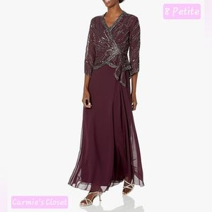 🔥NWT🔥OBO🔥 🟠 J Kara Women's Long 3/4 Sleeve VNeck Beaded Faux Wrap Dress 8P